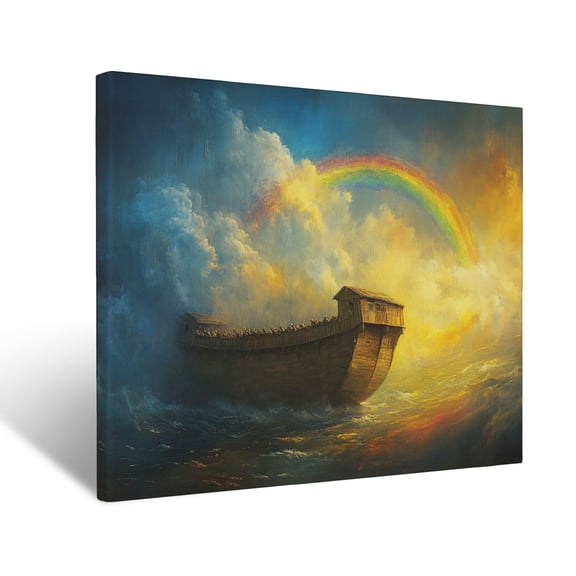 CozyNet Depiction Of Noah Ark Resting Under A Glowing Rainbow, Surrounded By Gentle Clouds Wall Art Prints With Frame Canvas Perfect for Living Room & Bedroom, Ready to Hang, Wall Decor 12"x16"
