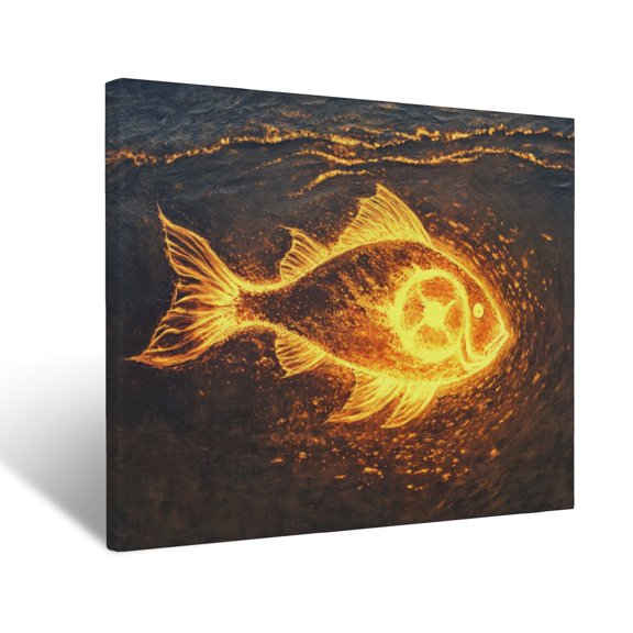 CozyNet Depiction Of A Glowing Fish Symbol Etched In Golden Sands By Calm Waters Wall Art Prints With Frame Canvas Perfect for Living Room & Bedroom, Ready to Hang, Wall Decor 16"x20"