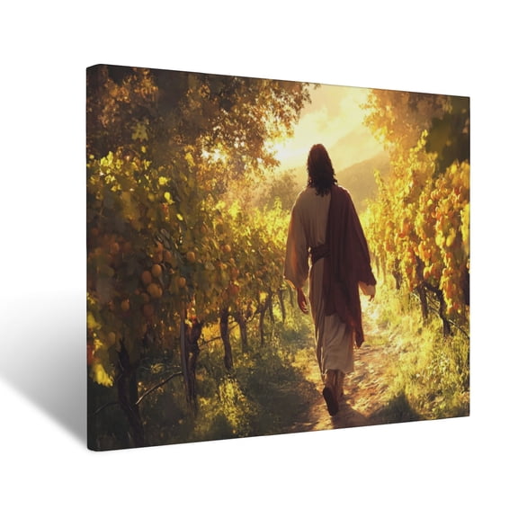 CozyNet Depiction Of Jesus Walking Through A Glowing Vineyard, Vines Heavy With Abundant Fruit Wall Art Prints With Frame Canvas Perfect for Living Room & Bedroom, Ready to Hang, Wall Decor 16"x20"
