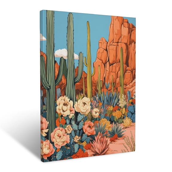 CozyNet Desert Landscape Featuring Blooming Cacti, Succulents & Sandstone Rock Formations Wall Art Prints With Frame Canvas Perfect for Living Room & Bedroom, Ready to Hang, Wall Decor 16"x20"in