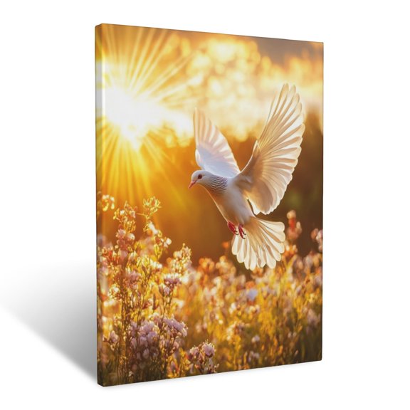 CozyNet Dove Flying Above A Blooming Field, Golden Rays Of Sunlight Breaking Through The Sky Wall Art Prints With Frame Canvas Perfect for Living Room & Bedroom, Ready to Hang, Wall Decor 12"x16"
