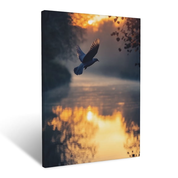 CozyNet Dove Flying Above A River At Sunrise, Glowing Light Reflecting In The Still Water Below Wall Art Prints With Frame Canvas Perfect for Living Room & Bedroom, Ready to Hang, Wall Decor 12"x16"