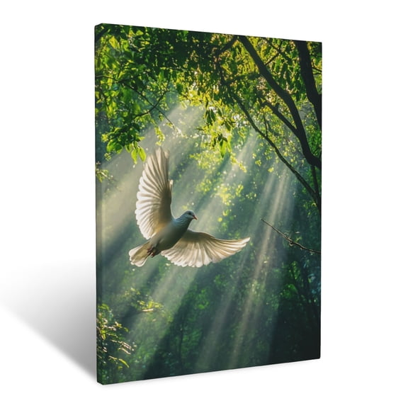 CozyNet Dove Flying Through A Forest Clearing, Vibrant Sunlight Casting Soft Rays Through Trees Wall Art Prints With Frame Canvas Perfect for Living Room & Bedroom, Ready to Hang, Wall Decor 12"x16"