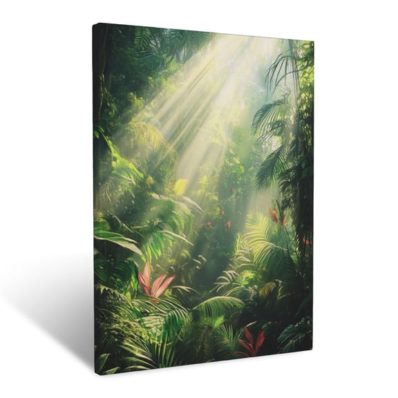 CozyNet Dramatic Rainforest Vista With Broad Leaf Plants, Vines & Streaks Of Sunlight Wall Art Prints With Frame Canvas Perfect for Living Room & Bedroom, Ready to Hang, Wall Decor 12"x16"in