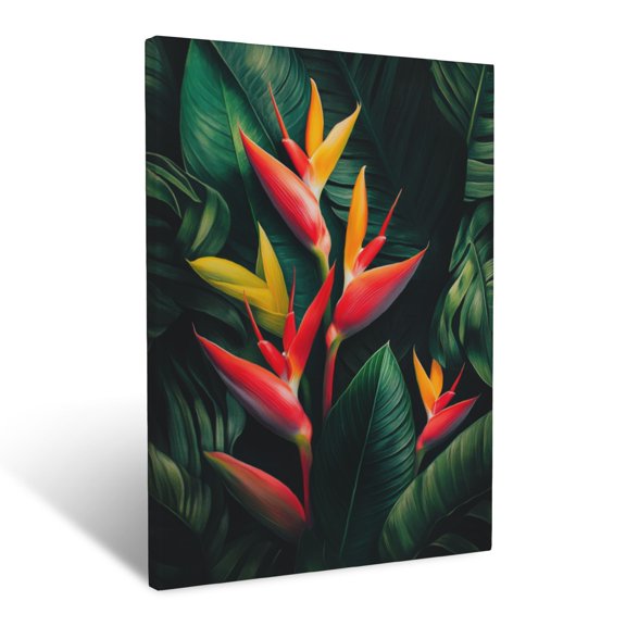 CozyNet Dramatic Shot Of Colorful Heliconia Blooms Against A Dark, Lush Rainforest Backdrop Wall Art Prints With Frame Canvas Perfect for Living Room & Bedroom, Ready to Hang, Wall Decor 12"x16"in