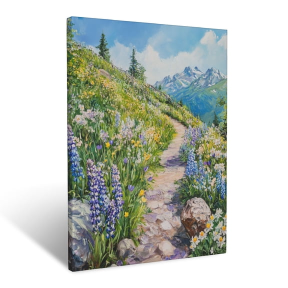 CozyNet Dreamlike Alpine Trail Bordered By Wild Lupines And Daffodils Wall Art Prints With Frame Canvas Perfect for Living Room & Bedroom, Ready to Hang, Wall Decor 16"x20"in