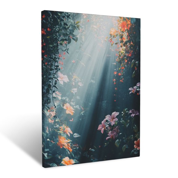 CozyNet Dreamlike Botanical Landscape With Softly Glowing Flowers, Vines & Radiant Light Beams Wall Art Prints With Frame Canvas Perfect for Living Room & Bedroom, Ready to Hang, Wall Decor 16"x20"in