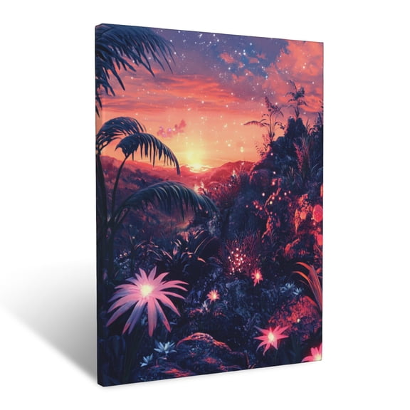 CozyNet Dreamlike Landscape With Glowing Botanical Life Under A Radiant Sunset Sky Wall Art Prints With Frame Canvas Perfect for Living Room & Bedroom, Ready to Hang, Wall Decor 12"x16"in