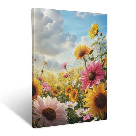 CozyNet Dreamlike Meadow Alive With Pastel Cosmos & Bright Sunflowers Wall Art Prints With Frame Canvas Perfect for Living Room & Bedroom, Ready to Hang, Wall Decor 12"x16"in