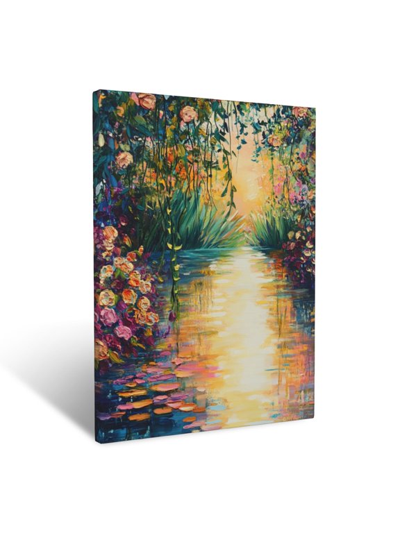 Dreamlike Riverbank With Radiant Reflections Of Flowers And Gently Flowing Vines Wall Art Prints With Frame Canvas Perfect for Living Room & Bedroom, Ready to Hang, Wall Decor 12"x16"in