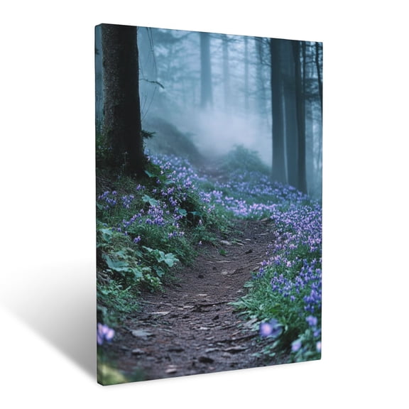 CozyNet Dreamy Forest Path Lined With Blooming Wild Violets And Gentle Mist Wall Art Prints With Frame Canvas Perfect for Living Room & Bedroom, Ready to Hang, Wall Decor 12"x16"in