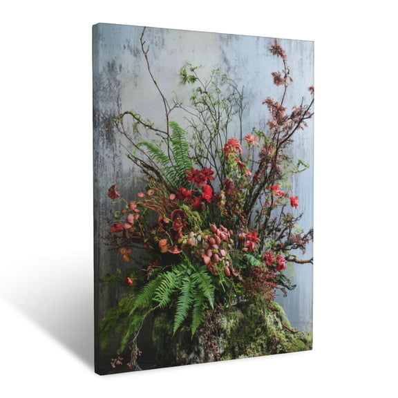 CozyNet Elegant Arrangement Of Forest Blooms, Moss Covered Branches And Sprouting Ferns Wall Art Prints With Frame Canvas Perfect for Living Room & Bedroom, Ready to Hang, Wall Decor 12"x16"in