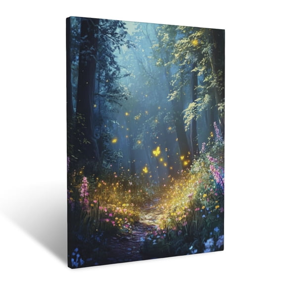 CozyNet Enchanted Forest Landscape Alive With Fireflies And Colorful Blossoms Wall Art Prints With Frame Canvas Perfect for Living Room & Bedroom, Ready to Hang, Wall Decor 12"x16"in