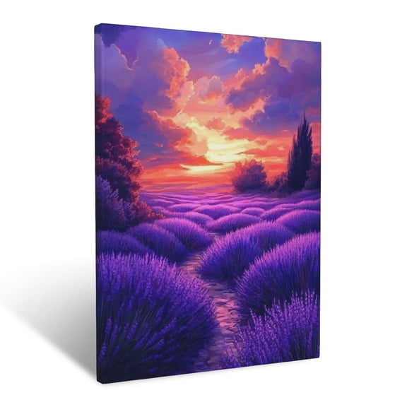 CozyNet Enchanting Lavender Field Under A Vivid Sunset Sky Wall Art Prints With Frame Canvas Perfect for Living Room & Bedroom, Ready to Hang, Wall Decor 12"x16"in