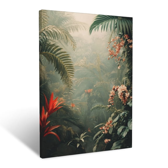 CozyNet Enigmatic Rainforest Scene With Exotic Flowers, Tropical Plants & Misty Atmosphere Wall Art Prints With Frame Canvas Perfect for Living Room & Bedroom, Ready to Hang, Wall Decor 12"x16"in