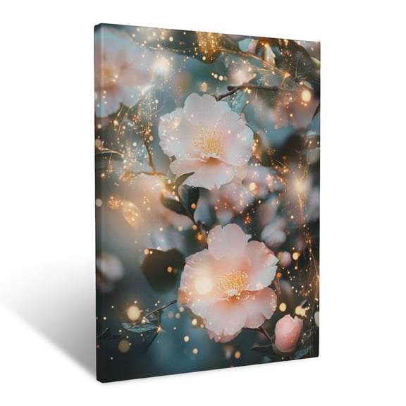 CozyNet Ethereal Floral Scene With Soft Pink Camellias And Glowing Fireflies Wall Art Prints With Frame Canvas Perfect for Living Room & Bedroom, Ready to Hang, Wall Decor 12"x16"in