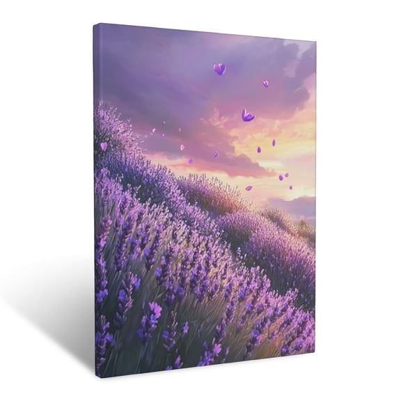 CozyNet Ethereal Scene Of Blossoming Lavender Under Pastel Skies And Scattered, Glowing Petals Wall Art Prints With Frame Canvas Perfect for Living Room & Bedroom, Ready to Hang, Wall Decor 12"x16"in
