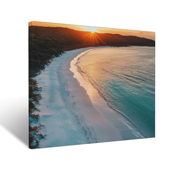 CozyNet Expansive Beach With Soft Sands And Turquoise Waters At Sunrise Wall Art Prints With Frame Canvas Perfect for Living Room & Bedroom, Ready to Hang, Wall Decor 12"x16"