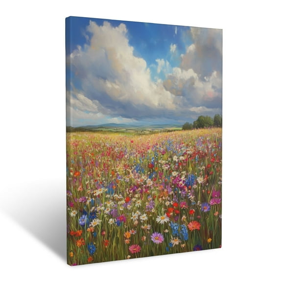 CozyNet Field Of Bright Wildflowers With Diverse Colors, Filling The Scene Under Soft Clouds Wall Art Prints With Frame Canvas Perfect for Living Room & Bedroom, Ready to Hang, Wall Decor 16"x20"in