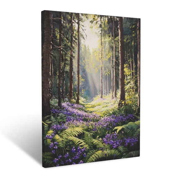 CozyNet Forest Clearing With Blooming Wild Violets And Sun Dappled Ferns Wall Art Prints With Frame Canvas Perfect for Living Room & Bedroom, Ready to Hang, Wall Decor 12"x16"in