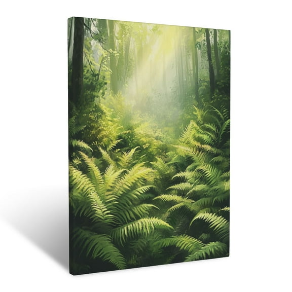 CozyNet Forest Floor Covered In Lush Ferns With Dappled Sunlight Breaking Through Wall Art Prints With Frame Canvas Perfect for Living Room & Bedroom, Ready to Hang, Wall Decor 12"x16"in
