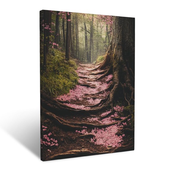 CozyNet Forest Pathway Covered With Scattered Blossoms And Ancient Tree Roots Wall Art Prints With Frame Canvas Perfect for Living Room & Bedroom, Ready to Hang, Wall Decor 16"x20"in