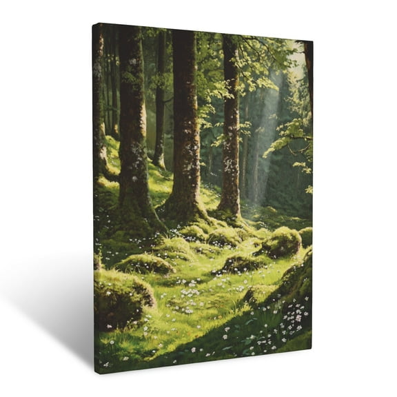 CozyNet Forest Scene Of Moss Covered Trees, Scattered Blossoms & Dappled Sunlight Wall Art Prints With Frame Canvas Perfect for Living Room & Bedroom, Ready to Hang, Wall Decor 12"x16"in