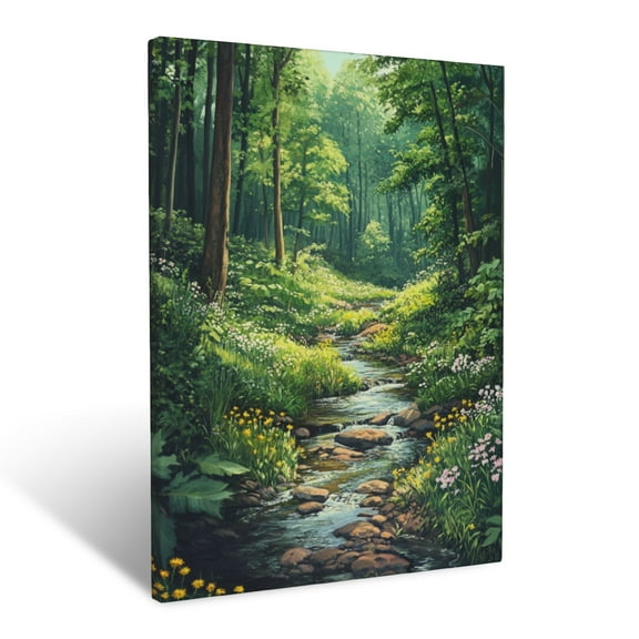 CozyNet Forest Stream Surrounded By Lush Greenery And Wildflower Patches Wall Art Prints With Frame Canvas Perfect for Living Room & Bedroom, Ready to Hang, Wall Decor 12"x16"in