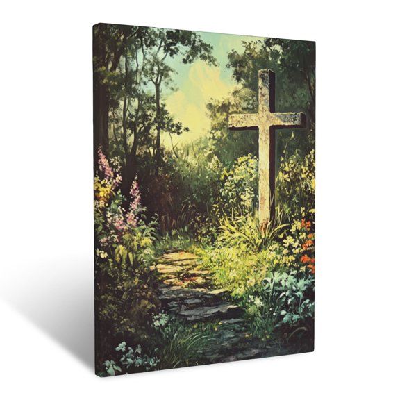 CozyNet Garden With Empty Cross Lush Greenery Symbolizing Resurrection & Hope Wall Art Prints With Frame Canvas Perfect for Living Room & Bedroom, Ready to Hang, Wall Decor 12"x16"
