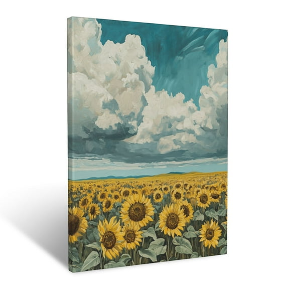 CozyNet Giant Sunflower Field Captured Under A Vast, Cloud Dappled Sky Wall Art Prints With Frame Canvas Perfect for Living Room & Bedroom, Ready to Hang, Wall Decor 12"x16"in