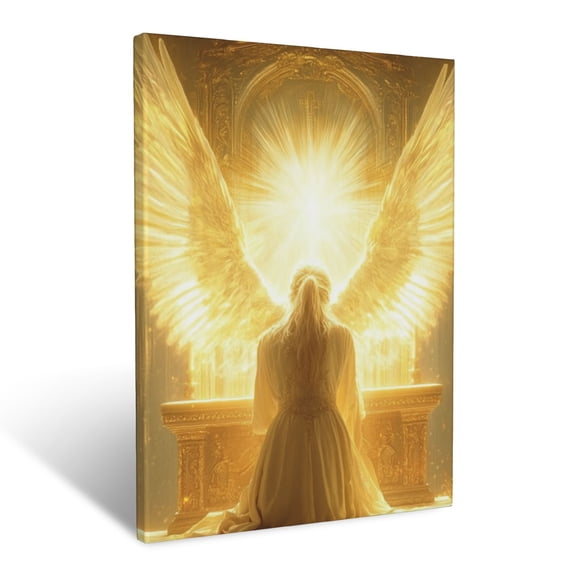 CozyNet Glorious Angel Kneeling By A Glowing Altar Surrounded By Divine Light Devotion & Grace Wall Art Prints With Frame Canvas Perfect for Living Room & Bedroom, Ready to Hang, Wall Decor 16"x20"