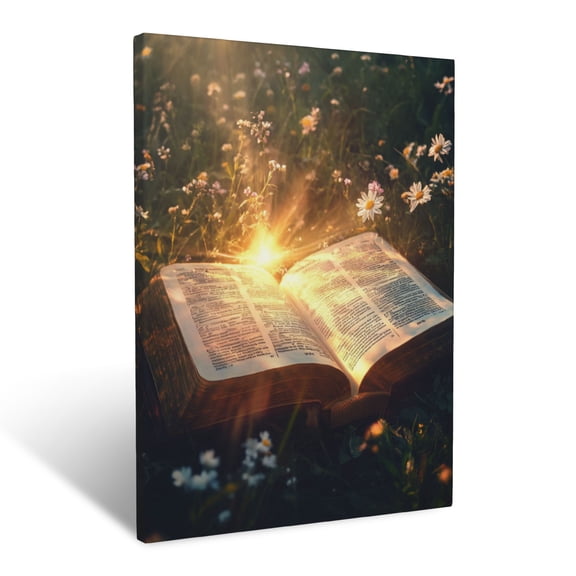 CozyNet A Glowing Bible Open In A Meadow With Flowers And A Radiant Sunbeam Wall Art Prints With Frame Canvas Perfect for Living Room & Bedroom, Ready to Hang, Wall Decor 12"x16"