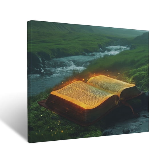 CozyNet Glowing Bible Open To Psalm 23, Surrounded By Green Fields & Peaceful Streams Wall Art Prints With Frame Canvas Perfect for Living Room & Bedroom, Ready to Hang, Wall Decor 12"x16"