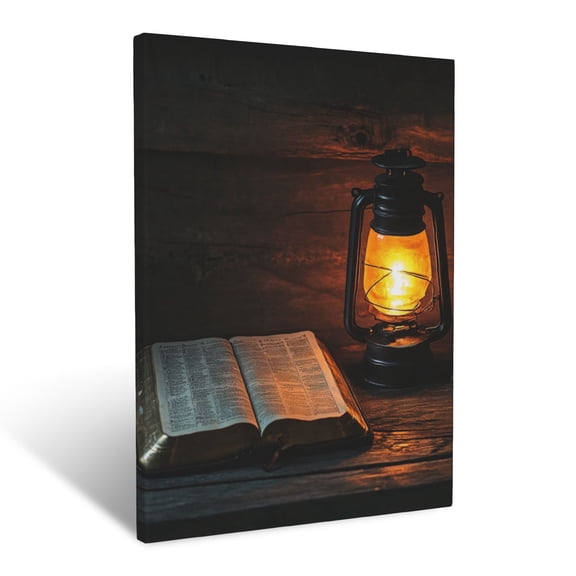 CozyNet A Glowing Bible Resting Beside A Glowing Lantern On A Rustic Table Wall Art Prints With Frame Canvas Perfect for Living Room & Bedroom, Ready to Hang, Wall Decor 12"x16"