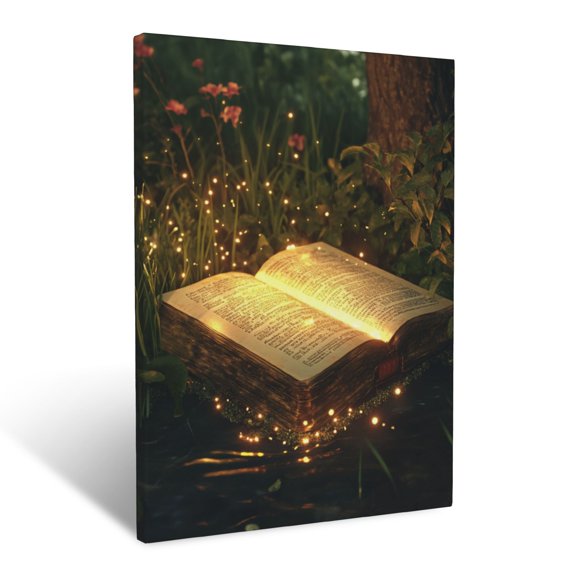 CozyNet Glowing Bible With Light Emanating From Its Pages Resting In A Peaceful Garden Source Of Wisd Wall Art Prints With Frame Canvas Perfect for Living Room & Bedroom, Wall Decor 12"x16"