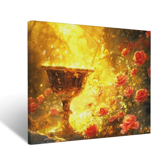 CozyNet Glowing Chalice Glowing Beside Radiant Roses In A Golden Valley Sacred Image Symbolizing Rene Wall Art Prints With Frame Canvas Perfect for Living Room & Bedroom, Wall Decor 12"x16"
