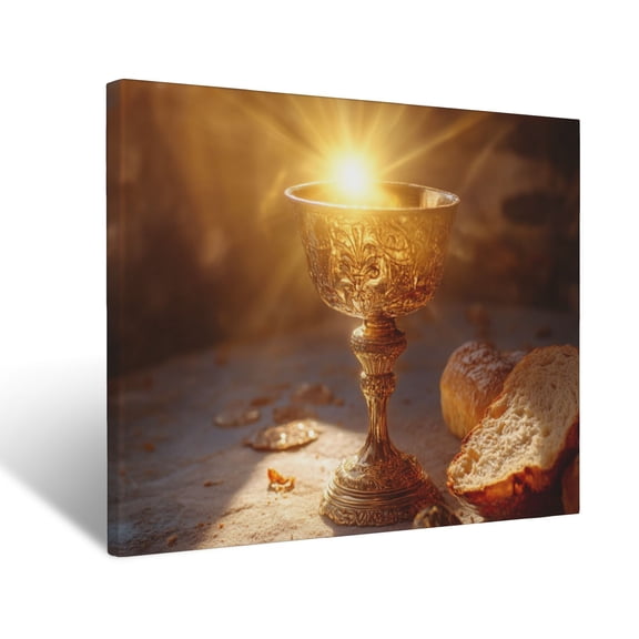 CozyNet Glowing Chalice & Bread On A Table, Symbolizing Holy Communion & Divine Covenant Wall Art Prints With Frame Canvas Perfect for Living Room & Bedroom, Ready to Hang, Wall Decor 12"x16"