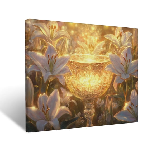 CozyNet Glowing Chalice Glowing Softly With Radiant Lilies In Golden Twilight Sacred Symbol Of Purity Wall Art Prints With Frame Canvas Perfect for Living Room & Bedroom, Wall Decor 12"x16"