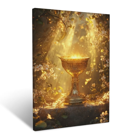 CozyNet Glowing Chalice Surrounded By Blooming Vines & Golden Light On An Altar Sacred Blessings Wall Art Prints With Frame Canvas Perfect for Living Room & Bedroom, Wall Decor 12"x16"
