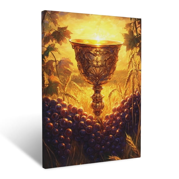 CozyNet Glowing Chalice Surrounded By Radiant Grapes And Golden Wheat In A Tranquil Field Symbol Of G Wall Art Prints With Frame Canvas Perfect for Living Room & Bedroom, Wall Decor 12"x16"