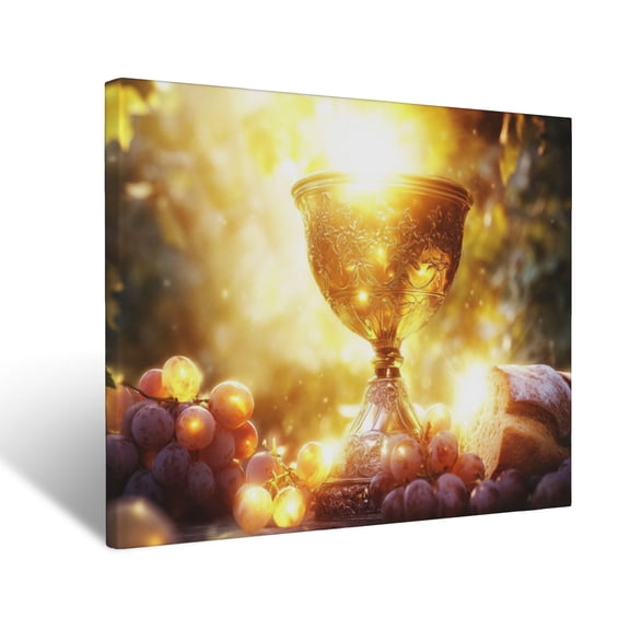 CozyNet Glowing Chalice Surrounded By Radiant Grapes & Bread, Symbolizing The Holy Communion Wall Art Prints With Frame Canvas Perfect for Living Room & Bedroom, Ready to Hang, Wall Decor 16"x20"