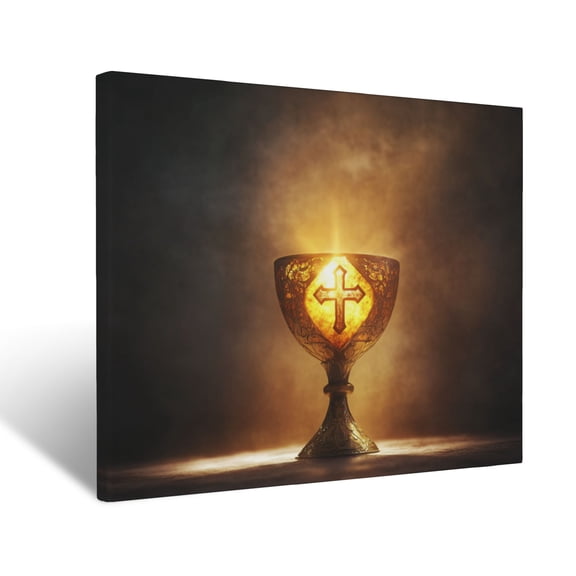 CozyNet Glowing Chalice With A Radiant Cross Etched Into Its Side Under Soft Light Wall Art Prints With Frame Canvas Perfect for Living Room & Bedroom, Ready to Hang, Wall Decor 16"x20"