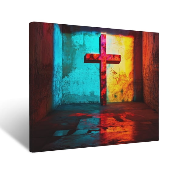 CozyNet Glowing Cross Casting A Shadow Vibrant Light Symbolizing Sacrifice, Faith & Redemption Wall Art Prints With Frame Canvas Perfect for Living Room & Bedroom, Ready to Hang, Wall Decor 12"x16"