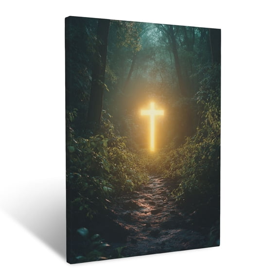 CozyNet A Glowing Cross At The End Of A Path Of Light Through A Dense Forest Wall Art Prints With Frame Canvas Perfect for Living Room & Bedroom, Ready to Hang, Wall Decor 16"x20"
