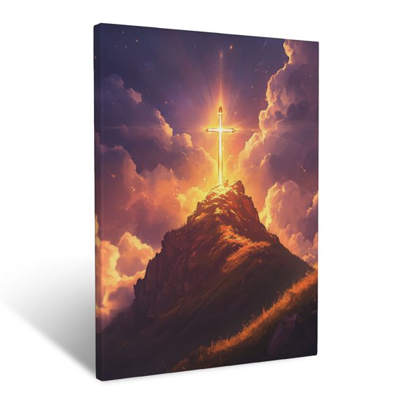 CozyNet A Glowing Cross On A Hill With Rays Of Golden Light Breaking Through Clouds Wall Art Prints With Frame Canvas Perfect for Living Room & Bedroom, Ready to Hang, Wall Decor 12"x16"