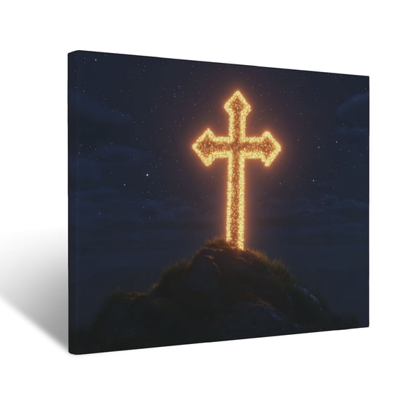 CozyNet Glowing Cross Glowing In Radiant Starlight On A Hill Powerful Symbol Of Redemption & Divine L Wall Art Prints With Frame Canvas Perfect for Living Room & Bedroom, Wall Decor 12"x16"