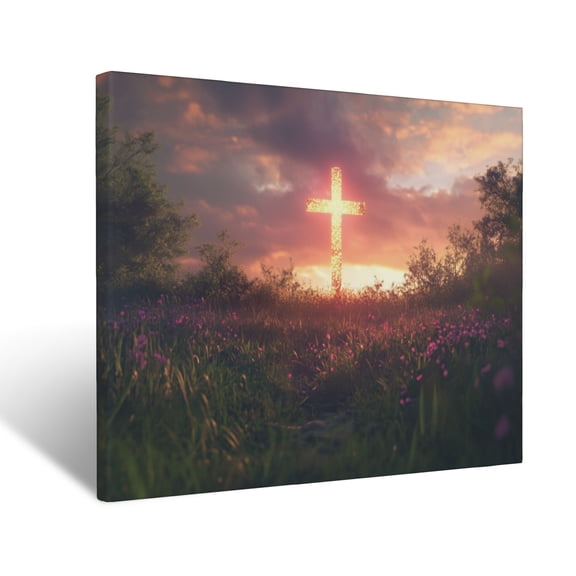 CozyNet Glowing Cross Rising Above A Peaceful Meadow, Symbolizing Renewal & Divine Hope Wall Art Prints With Frame Canvas Perfect for Living Room & Bedroom, Ready to Hang, Wall Decor 12"x16"