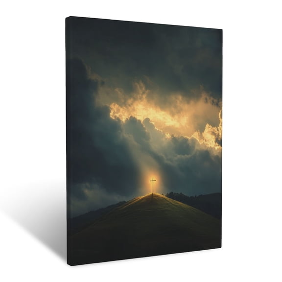 CozyNet Glowing Cross On A Serene Hill With Golden Rays Shining Through The Clouds Symbol Of Redempti Wall Art Prints With Frame Canvas Perfect for Living Room & Bedroom, Wall Decor 12"x16"