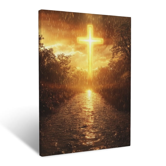 CozyNet A Glowing Cross Shining Through A Gentle Rain Under A Golden Sky Wall Art Prints With Frame Canvas Perfect for Living Room & Bedroom, Ready to Hang, Wall Decor 16"x20"
