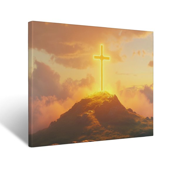CozyNet Glowing Cross Glowing Softly In Radiant Golden Clouds On A Hilltop Powerful Symbol Of Redempt Wall Art Prints With Frame Canvas Perfect for Living Room & Bedroom, Wall Decor 12"x16"